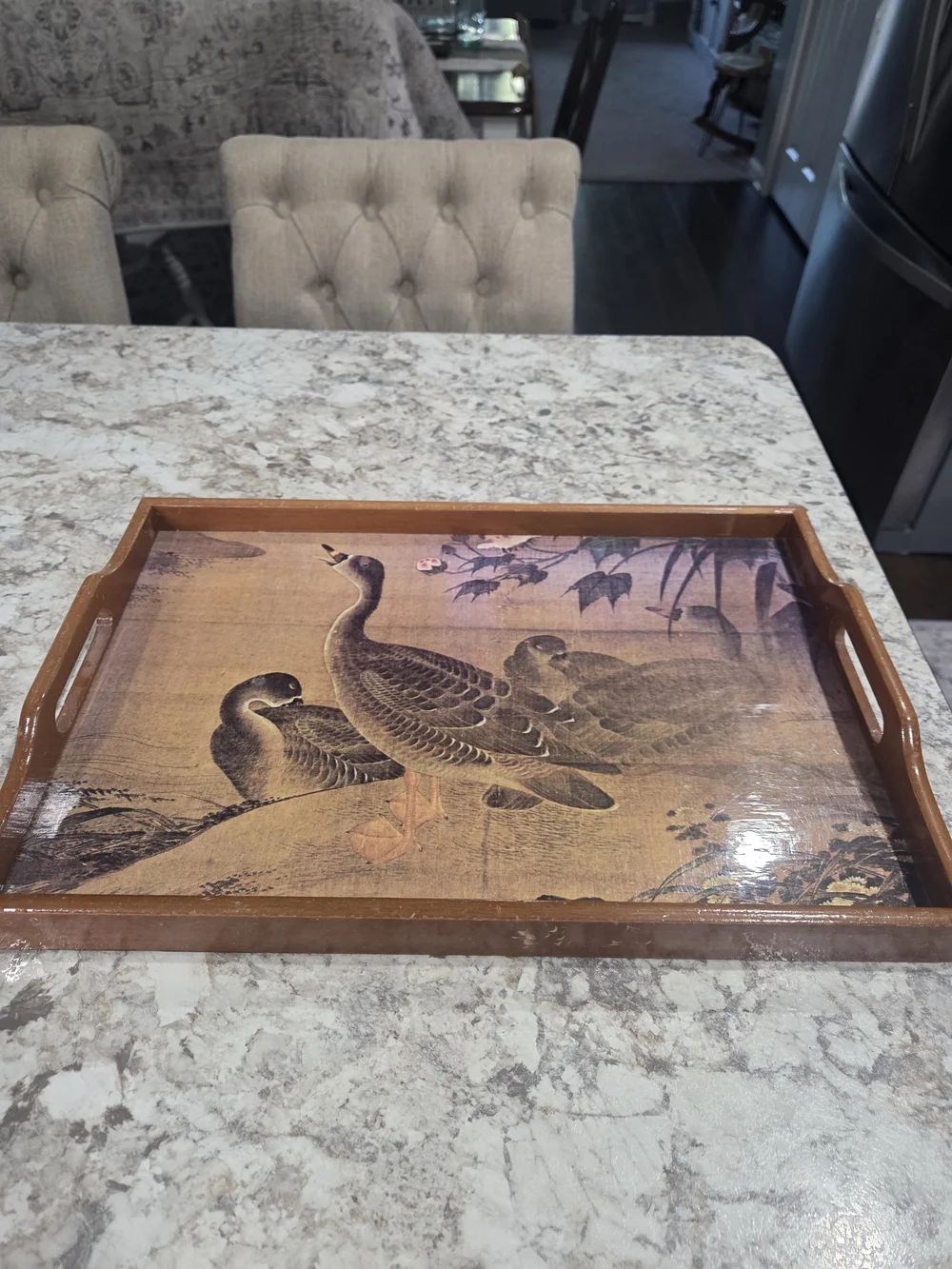 Vintage Style Brown Wood Serving Tray with Duck Illustration MCM
